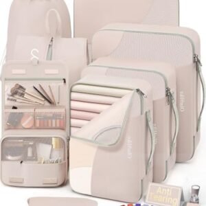 10 Set/8 Set Packing Cubes for Travel, Gifts for Women Mom,Anti-Tearing Suitcase Organizer for Luggage with Shoe & Hanging Toiletry Bag,OlarHike Vacation Essentials & Accessories for Cruise Ship,Cream