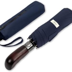 Balios Travel Folding Umbrella with Real Wood Handle Auto Open Close Vented Windproof Canopy - Designed in UK