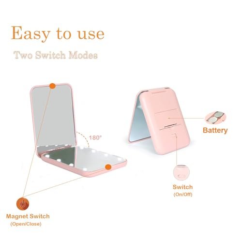 Kintion Pocket Mirror, 1X/3X Magnification LED Compact Travel Makeup Mirror with Light for Purse, 2-Sided, Portable, Folding, Handheld, Small Lighted Mirror for Gift, Pink - Image 6