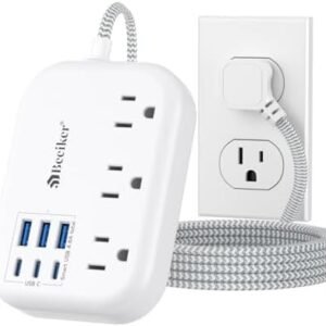 6 USB(3 USB C) Power Strip- Travel Power Strip with 6 USB Desktop Charging Station 24W/4.8A and 3 Outlets, 5Ft Flat Plug Braided Extension Cord, Non Surge Protector for Cruise Ship Travel Office Dorm