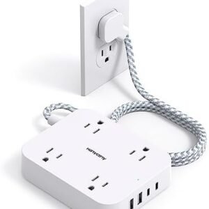Flat Plug Extension Cord, HANYCONY 5ft Power Strip with 4 USB Ports(2 USB C), 4 Widely Outlets Extender, Wall Mount, Desk Charging Station for Office School Travel Dorm Room Essentials, ETL Listed