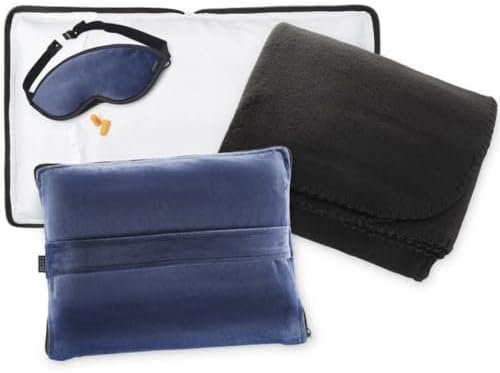 Lewis N. Clark Ultimate Comfort Set + Portable Travel Kit for Airplane, Includes Inflatable Pillow + Zippered Carrying Case, Cozy Fleece Blanket, Eye Mask for Sleeping & Foam Ear Plugs, Navy