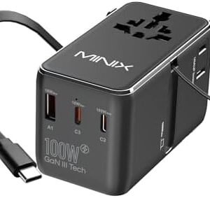 MINIX 100W Universal Travel Adapter with Retractable USB C Cable,GaN III International Power Adapter, Type-C*3 USB-A*1 Ports, AC Outlet, Worldwide Travel Charger for Laptops Tablets Phones Cameras