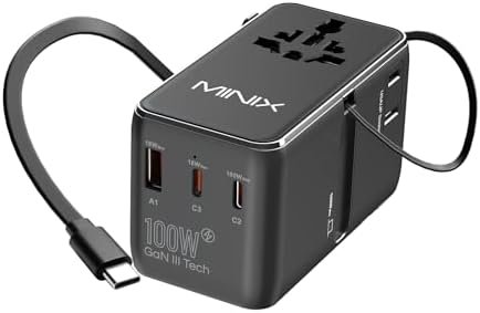MINIX 100W Universal Travel Adapter with Retractable USB C Cable,GaN III International Power Adapter, Type-C*3 USB-A*1 Ports, AC Outlet, Worldwide Travel Charger for Laptops Tablets Phones Cameras