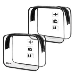 WANDF TSA Approved Toiletry Bag, 2 Packs Travel Clear Toiletry Bag, Quart Size Makeup Cosmetic Pouch with Zipper, Carry-On Airport Compliant Bag for Women and Men (2 pcs, Black)