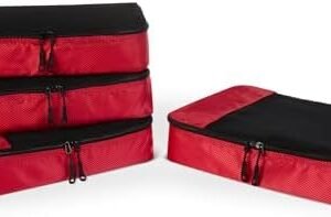 Amazon Essentials 4-Piece Packing Cubes Travel Accessories Set, Luggage Organizer with Double Zipper, Mesh Top, 100% Polyester, Medium, Red (Previously Amazon Basics)