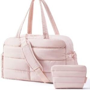BAGSMART Gym Bag for Women, Lightweight Puffer Duffle Bag 2-PC Travel Bag, 31L Weekender Overnight Bag Quilted Carry On Tote Bag, Diaper Hospital Dance bag for Travel, Gym, Water Resistant, Pink