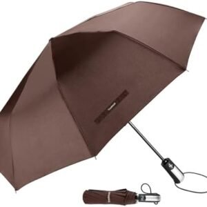 TradMall Travel Umbrella Windproof with 46 Inches Large Canopy 10 Reinforced Fiberglass Ribs Ergonomic Handle Auto Open & Close, Brown