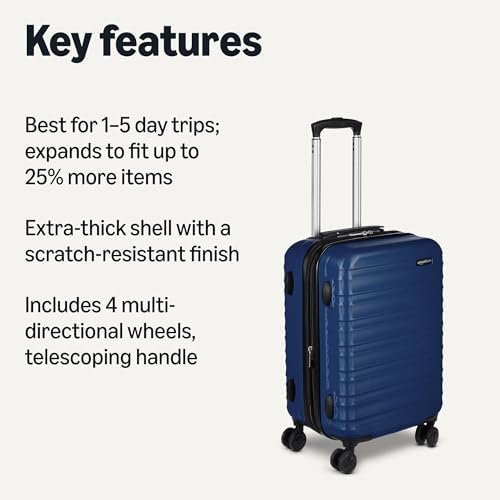 Amazon Basics 21" Hardside Carry-On Luggage, Hardshell Suitcase With Wheels, Expandable For Up to 25% More Space, With Scratch-Resistant Surface, Four Multi-directional Wheels, Navy Blue - Image 2