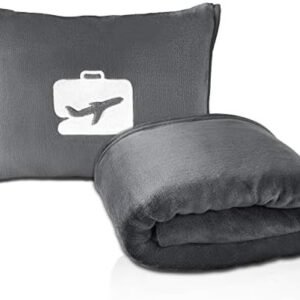 EverSnug Travel Blanket and Pillow - Premium Soft 2 in 1 Airplane Blanket with Soft Bag Pillowcase, Hand Luggage Sleeve and Backpack Clip (Grey)