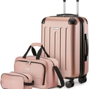 Amazon Basics 3-Piece Luggage Set, Including One Carry-On Luggage (22" Expandable Hardside Suitcase With 8 Spinner Wheels), One 15-inch Tote Bag, and One 10-inch Compact Travel Bag, Rose Gold