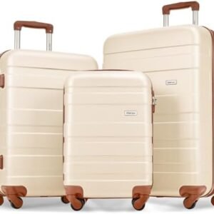 Merax 3 Piece ABS Hardshell Luggage Sets Spinner Wheel Suitcase TSA Lock Suit Case, Brown/White, 20/24/28 Inch