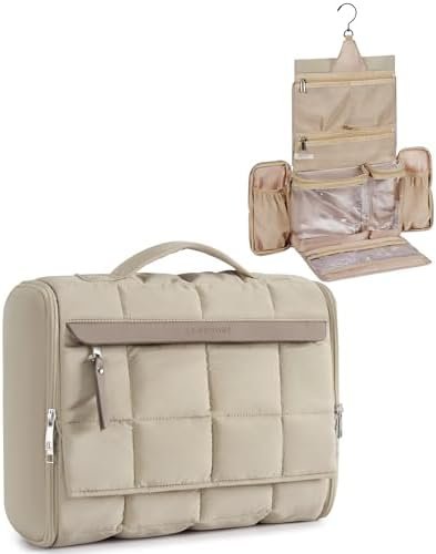 BAGSMART Travel Toiletry Bag, Extra Large Full-open Hanging Toiletry Bag for Women, Puffy Cosmetic Makeup Bag Organizer with Handle for Accessories, Essentials, Toiletries (Brown)