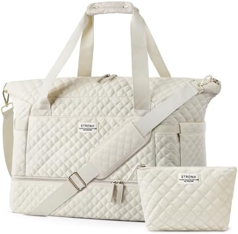 ETRONIK Travel Bag, Weekender Bags for Women, Personal Item Travel Bag with Wet Pocket, Duffel Bag for Travel with Shoes Compartment, 37L Hospital Bag for Labor and Delivery (Beige)