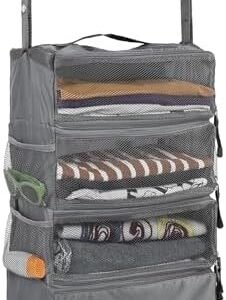 Surblue Travel Hanging Luggage Organizer Portable Suitcase Closet Organizer Multiple Compartments Collapsible Compression Packing Cubes Shelf, LightGray, M