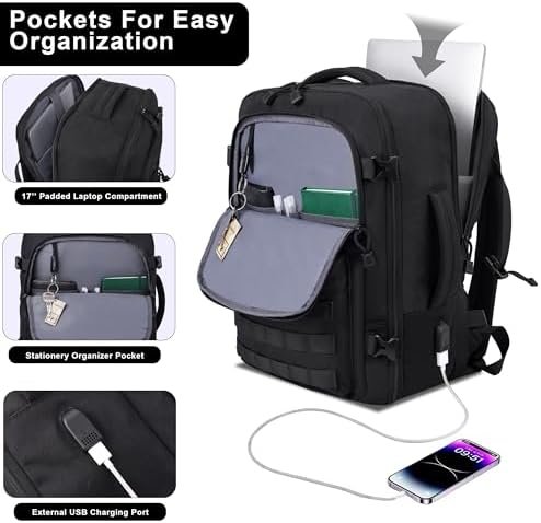 MOZETO TSA Approved Carry On Backpack, Extra Large Tactical Travel Backpack for Men, Airplane Approved Weekender Bag, Water Resistant Lightweight Laptop Daypack for Flight, Black - Image 3