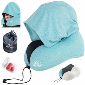 Travel Pillow with Extra Large Hood for Airplane Long Flights Privacy and Comfort Memory Foam with Skin-Friendly Cover for Road Trip Head&Neck Support for Plane Office Cars Sleeping & Rest (Mint Blue)
