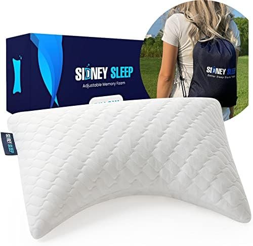 Sidney Sleep Mini Travel Size Neck Pillow - Knee, Back Lumbar and Support - Small Curved Pillow - 14 x 19 Inches - Adjustable Loft - Washable - Drawstring Backpack Included (White)