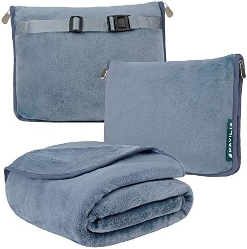 PAVILIA Travel Blanket Pillow, Soft Airplane Blanket 2-IN-1 Combo Set, Plane Blanket Compact Packable, Flight Essentials Car Pillow, Travelers Gift Accessories Luggage Backpack Strap, 60x43 Slate Blue