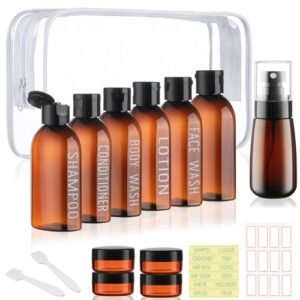 Travel Kit - 10 Pcs Travel Bottles for Toiletries, TSA Approved, Leak Proof Plastic Small Cream Jars & Refillable Spray Bottle for Shampoo, Conditioner (Brown)