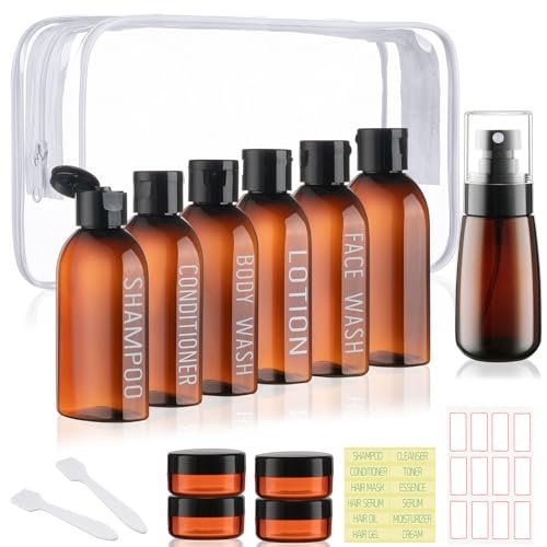 Travel Kit - 10 Pcs Travel Bottles for Toiletries, TSA Approved, Leak Proof Plastic Small Cream Jars & Refillable Spray Bottle for Shampoo, Conditioner (Brown)