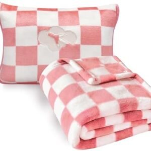 Travel Blanket and Pillow Compact, Premium Soft 2 in 1 Airplane Blanket with Soft Bag Pillowcase，Hand Luggage Sleeve and Backpack Clip (Ckeckered Pink)
