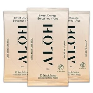 ALŌH Sweet Orange Bergamot + Aloe Sanitizing Hand Wipes - Clean Hands, Clear Mind - On The Go Hand Sanitizing Wipes for Kids and Adults - Travel Size 3 Pack 20ct Wipes (60 wipes)