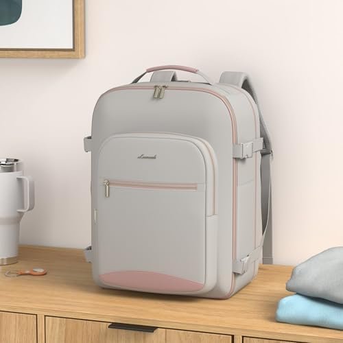 LOVEVOOK Travel Backpack for Women & Men 40L,Airline Approved Carry On Backpack Travel Essentials,TSA Carry on Luggage,Waterproof Personal Item Travel Bag,Suitcase with 3 Packing Cubes,Light gray-Pink - Image 2