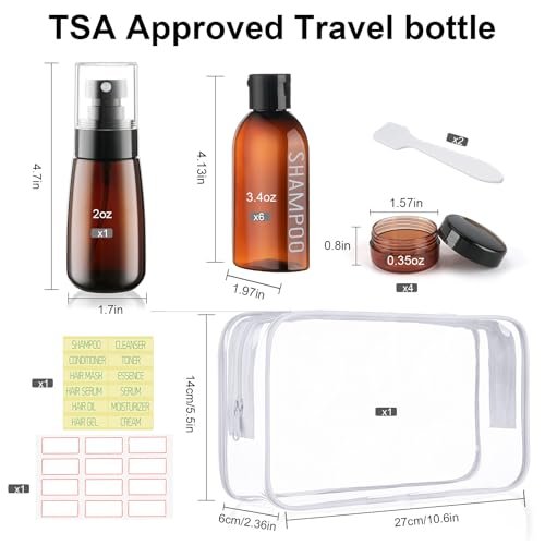 Travel Kit - 10 Pcs Travel Bottles for Toiletries, TSA Approved, Leak Proof Plastic Small Cream Jars & Refillable Spray Bottle for Shampoo, Conditioner (Brown) - Image 2