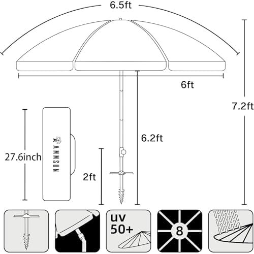 AMMSUN 6.5ft Twice Folded Portable beach umbrella with Sand Anchor Windproof Tilt Pole Air vent UPF 50+ Protection Fits in a large Suitcase Compact For Travel Patio Garden Pool Backyard Sky Blue - Image 4
