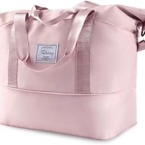 Travel Duffel Bag - Large Shoulder Weekender Overnight Bag, Carry on Bags with Wet Pocket, Waterproof Expandable Duffel Bags with Trolley Sleeve for Sports Travel Gym, Pink