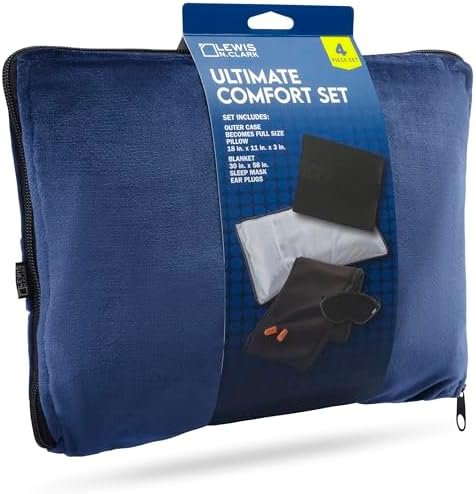 Lewis N. Clark Ultimate Comfort Set + Portable Travel Kit for Airplane, Includes Inflatable Pillow + Zippered Carrying Case, Cozy Fleece Blanket, Eye Mask for Sleeping & Foam Ear Plugs, Navy - Image 7