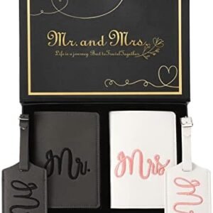 Mr. and Mrs. Luggage Tags and Passport Holder Set - Bridal Shower Gifts with 2 Passport Leather Covers, Wedding Honeymoon Travel Essentials for Bride & Groom Couples (2 Sets, Embroidery Style)