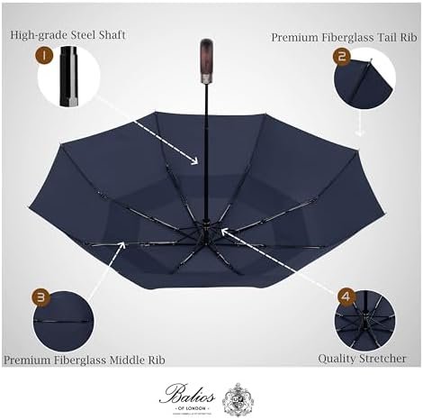 Balios Travel Folding Umbrella with Real Wood Handle Auto Open Close Vented Windproof Canopy - Designed in UK - Image 5