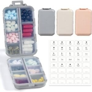 LANDNEOO 14 Grids Pill Organizer Box with Labels, Travel Medication Holder Dispenser Case Kit, Pocket Daily Pharmacy Container for Fish Oil Vitamin Supplement Storage, Khaki Pink Grey, 3 Pack