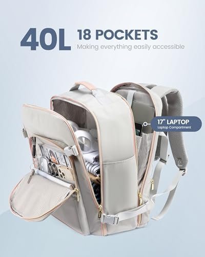 LOVEVOOK Travel Backpack for Women & Men 40L,Airline Approved Carry On Backpack Travel Essentials,TSA Carry on Luggage,Waterproof Personal Item Travel Bag,Suitcase with 3 Packing Cubes,Light gray-Pink - Image 5