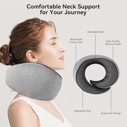 Travel Pillow, 100% Pure Memory Foam Neck Pillow for Airplanes, Comfortable Breathable Cover, Travel Essentials for Plane, Car, Train and Home, Gray - Image 4