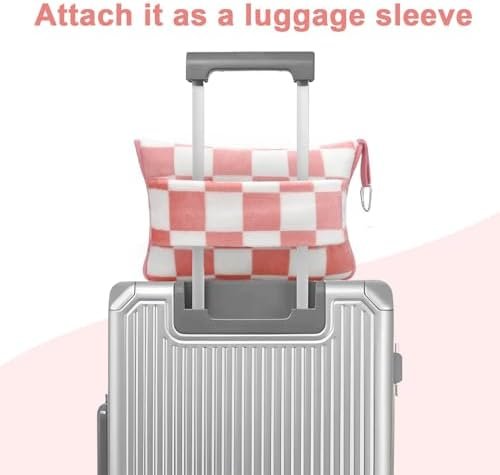 Travel Blanket and Pillow Compact, Premium Soft 2 in 1 Airplane Blanket with Soft Bag Pillowcase,Hand Luggage Sleeve and Backpack Clip (Ckeckered Pink) - Image 5