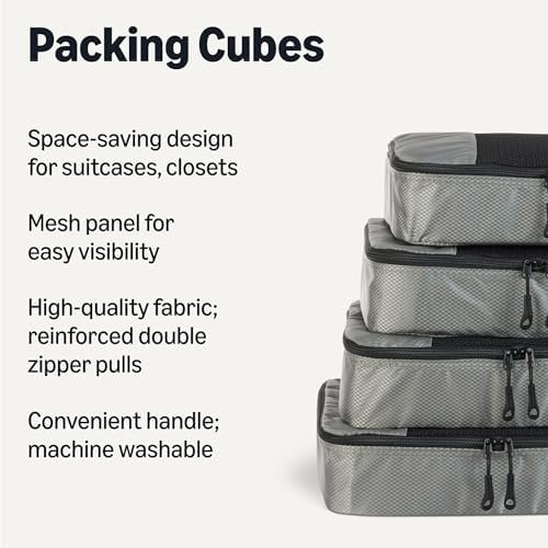 Amazon Essentials 4-Piece Packing Cubes Travel Accessories Set, Luggage Organizer with Double Zipper, Mesh Top, 100% Polyester, Medium, Gray (Previously Amazon Basics) - Image 2