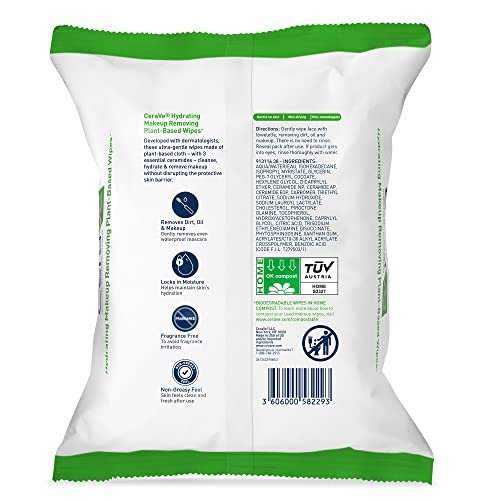 CeraVe Makeup Remover Wipes, Plant Based Face Wipes, Biodegradable in Compost, Waterless Face Wash, Travel Essentials for Women, Suitable for Sensitive Skin, Fragrance-free + Non-comedogenic, 25ct - Image 2