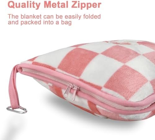 Travel Blanket and Pillow Compact, Premium Soft 2 in 1 Airplane Blanket with Soft Bag Pillowcase,Hand Luggage Sleeve and Backpack Clip (Ckeckered Pink) - Image 4