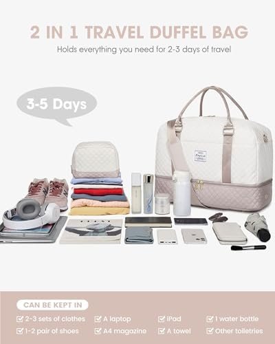 Travel Duffle Bag Weekender for Women: Travel Duffel Bag Carry-On Overnight Bag with Shoe Compartment & Wet Pocket Large Weekend Tote Bag withGym Duffel Bag for Hospital Beige - Image 3