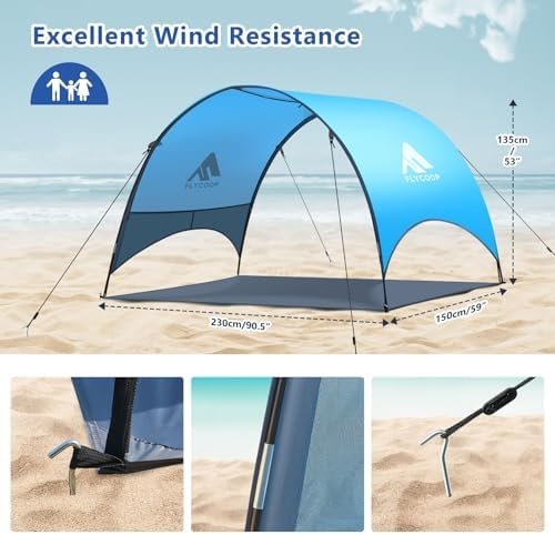 Beach Umbrella with UPF 50+ UV Protection – Compact & Portable Beach Tent Canopy with 360° Ventilation, Wind Ropes & Stakes – Family, Travel, Backyard, Park Shade (Blue, 90.5 * 59 * 53″) - Image 5