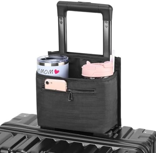 Luggage Travel Cup Holder Attachment for Suitcase Drink Carrier Caddy, Coffee Mug and Tumblers, Traveler Carry on Hands Free Accessory- Gifts for Flight Attendants Travelers Accessories- Black