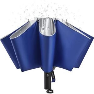 G4Free UPF 50+ UV Protection 54 Inch Large Reverse Travel Umbrella, 10 Ribs Windproof Compact Sun Blocking Inverted Car Umbrellas Automatic Open Close (Blue/Silver)