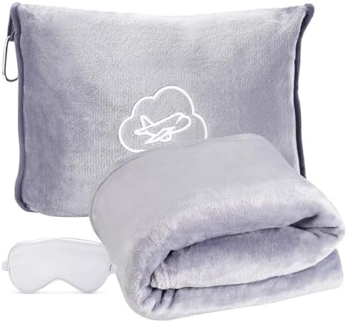 Travel Blanket, Ultra-Soft, Warm & Lightweight Travel Blanket Airplane with Bag, 65x40 in, Airplane Travel Essentials for Women, Men & Kids, Included Eye Mask, Luggage Sleeve & Backpack Clip