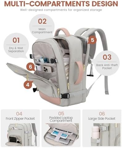 LOVEVOOK Travel Backpack For Women, 40L Carry On Backpack Flight Approved, TSA Personal Item Travel Bag Fits 17 Inch Laptop, Business Weekender Overnight Waterproof Daypack With 2 Cubes, Grey-Pink - Image 5