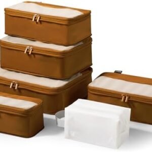 6 Set Compression Packing Cubes for Travel Essentials, Luggage Organizers for Suitcases (Dark Brown)