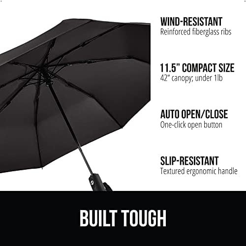 GORILLA GRIP Strong Windproof Stick Compact Umbrella for Rain, One-Click Automatic Open and Close, Durable Quick Dry Waterproof Material, Lightweight and Portable, Travel Size Fits Backpack, Black - Image 2