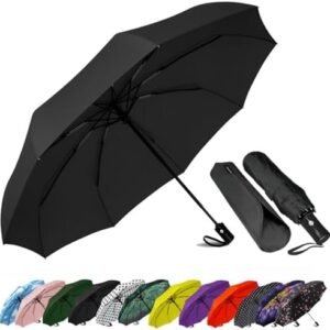 SIEPASA Compact Travel Umbrella - Windproof Auto Open/Close, Small Folding Umbrella for Rain - Lightweight & Durable with Fiberglass Frame, Waterproof Canopy - Fits Backpack, Purse, Suitcase. (Black)